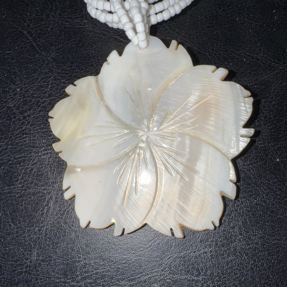White mother of pearl Flower Pendant with Multi Strand Seed Bead Necklace